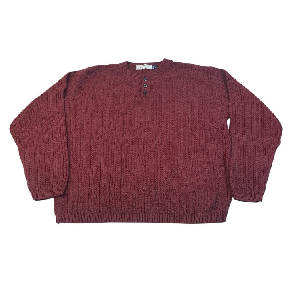 VTG Bill Blass Men's Burgundy Cable Knit Henley Sweater XL Winter Cozy